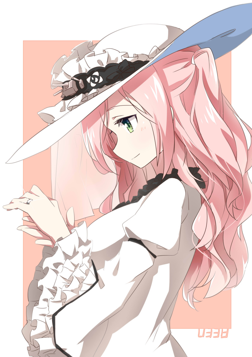 absurdres aquila_(warship_girls_r) dress eyebrows_visible_through_hair frilled_hat frilled_sleeves frills green_eyes hat highres jewelry lizi long_hair looking_at_hands pink_hair profile ring simple_background sun_hat veil warship_girls_r wavy_hair wedding_ring white_dress white_headwear