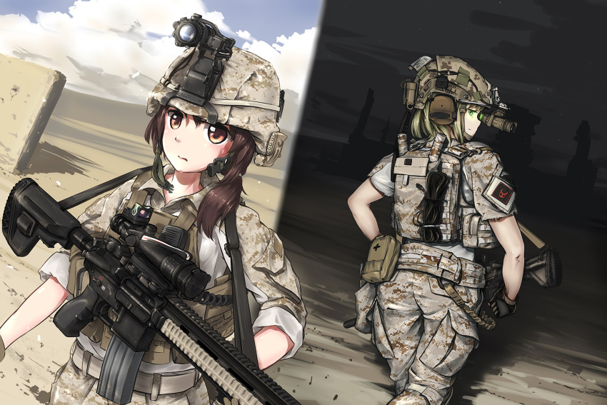 2girls assault_rifle blonde_hair brown_eyes brown_hair camouflage gloves gun helmet highres load_bearing_vest m4_carbine military military_uniform multiple_girls night_vision_device original outdoors rifle tantu_(tc1995) uniform weapon