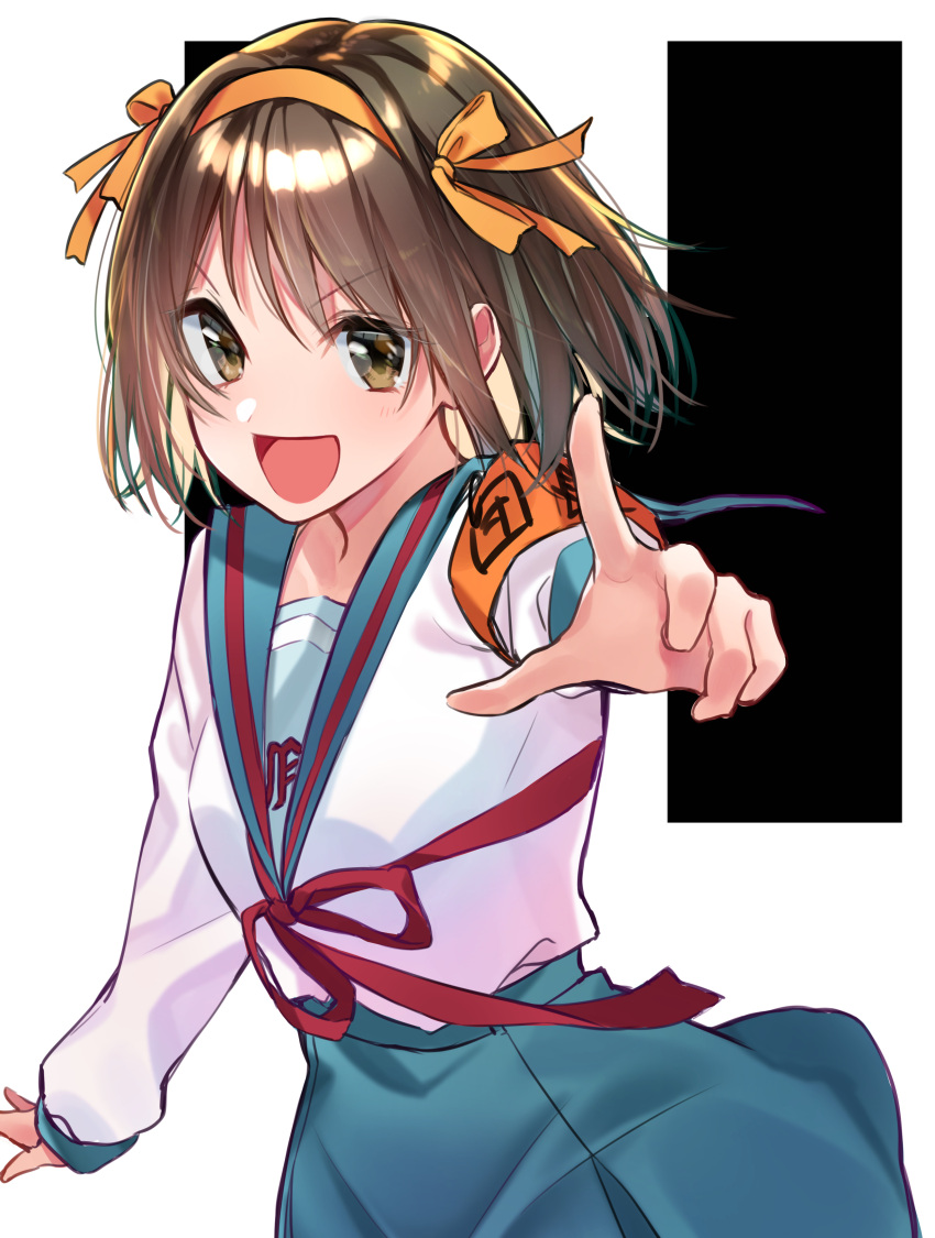 1girl :d absurdres blue_sailor_collar blue_skirt bow brown_eyes brown_hair hair_bow hair_ribbon hairband highres index_finger_raised long_sleeves looking_at_viewer miniskirt open_mouth orange_bow orange_hairband orange_ribbon outstretched_arm pleated_skirt red_ribbon ribbon rinku_(rin9) sailor_collar school_uniform shiny shiny_hair shirt short_hair skirt smile solo standing suzumiya_haruhi suzumiya_haruhi_no_yuuutsu v-shaped_eyebrows white_background white_shirt