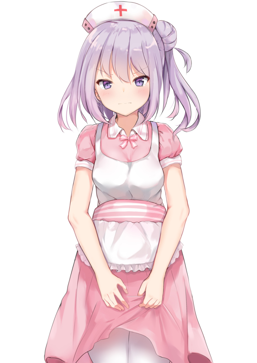 1girl apron bangs blush breasts closed_mouth commentary_request dress eyebrows_visible_through_hair filings_(ailuo_c) frilled_apron frills hair_between_eyes hair_bun hat highres looking_at_viewer nurse nurse_cap one_side_up pink_dress puffy_short_sleeves puffy_sleeves purple_hair short_sleeves side_bun simple_background small_breasts solo thigh-highs v-shaped_eyebrows violet_eyes warship_girls_r white_apron white_background white_headwear white_legwear yukikaze_(warship_girls_r)