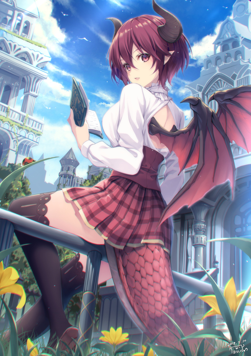 1girl ahoge back_cutout black_legwear blue_sky blush book breasts brown_footwear building clouds dated day dragon_girl dragon_horns dragon_tail dragon_wings grea_(shingeki_no_bahamut) hair_between_eyes highres holding holding_book horns large_breasts loafers looking_at_viewer moss open_mouth outdoors plaid plaid_skirt pleated_skirt pointy_ears purple_hair red_eyes shingeki_no_bahamut shirt shoes short_hair signature sitting sitting_on_railing skirt sky solo tail thigh-highs white_shirt wings yoshino_ryou