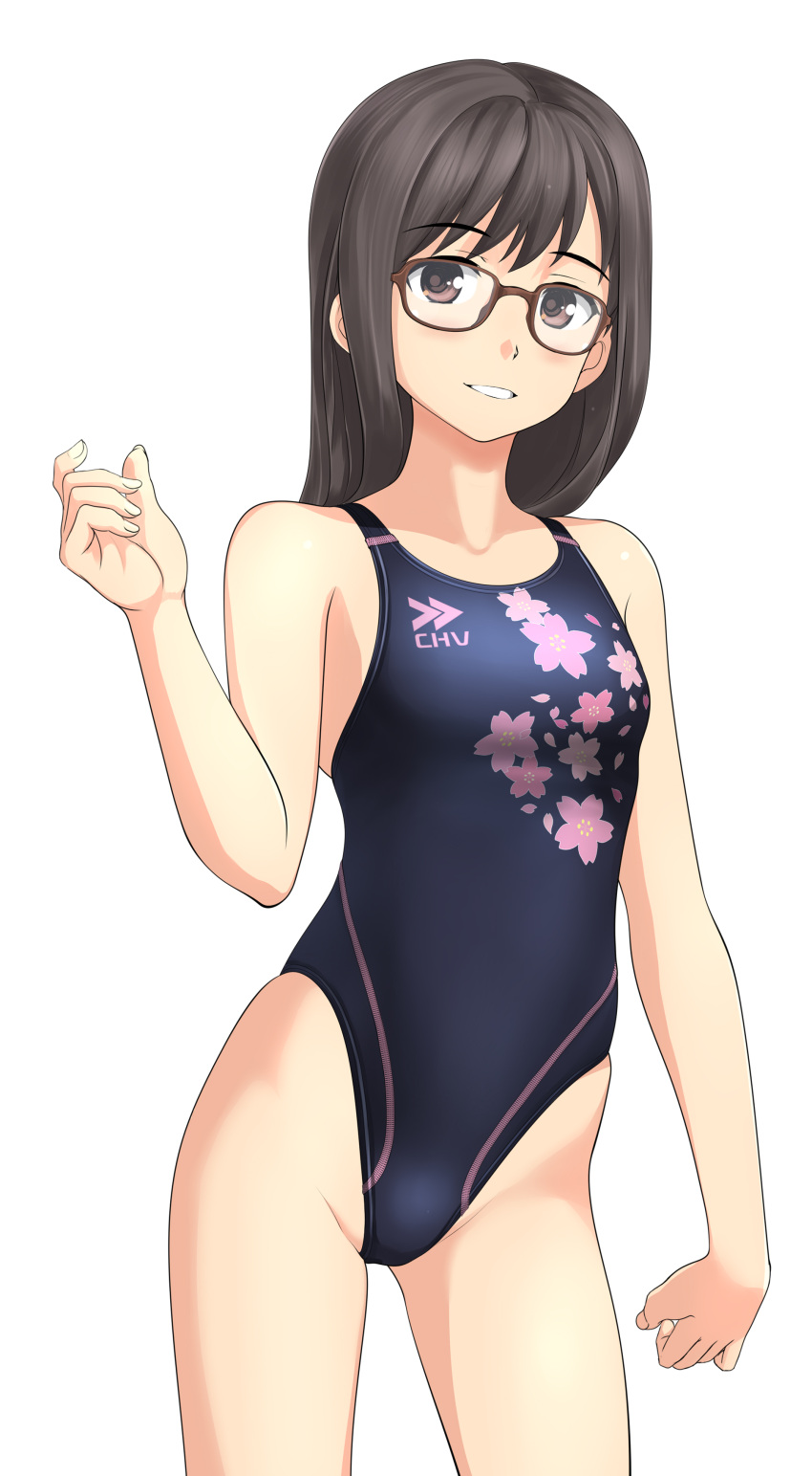 1girl absurdres black_hair black_swimsuit breasts collarbone competition_swimsuit contrapposto cowboy_shot floral_print glasses highleg highleg_swimsuit highres medium_hair one-piece_swimsuit original parted_lips simple_background small_breasts smile solo standing swimsuit takafumi white_background