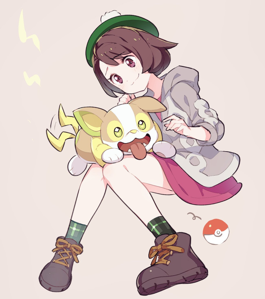 1girl backpack bag boots brown_eyes brown_footwear brown_hair cardigan dog dress female_protagonist_(pokemon_swsh) gen_8_pokemon green_headwear green_legwear grey_cardigan hat highres holding holding_pokemon holding_strap hood hooded_sweater kurochiroko long_sleeves open_mouth pink_dress poke_ball pokemon pokemon_(creature) pokemon_(game) pokemon_swsh short_hair smile socks solo sweater tail_wagging tam_o'_shanter tongue tongue_out welsh_corgi yamper