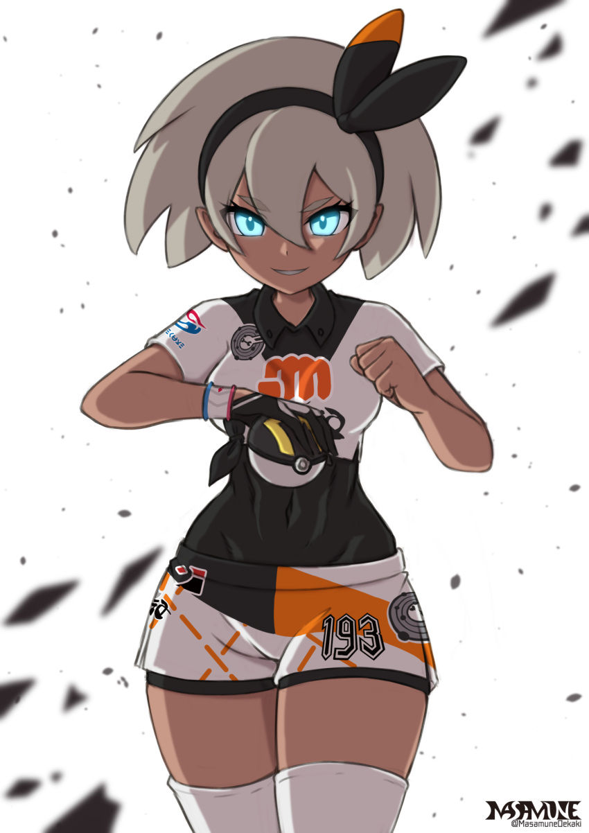 1girl covered_navel dark_skin gloves grey_eyes grey_hair hairband highres knee_pads leotard_under_clothes masamune_oekaki midriff pokemon pokemon_(game) pokemon_swsh saitou_(pokemon) short_hair short_sleeves shorts simple_background single_glove smile solo sportswear white_background