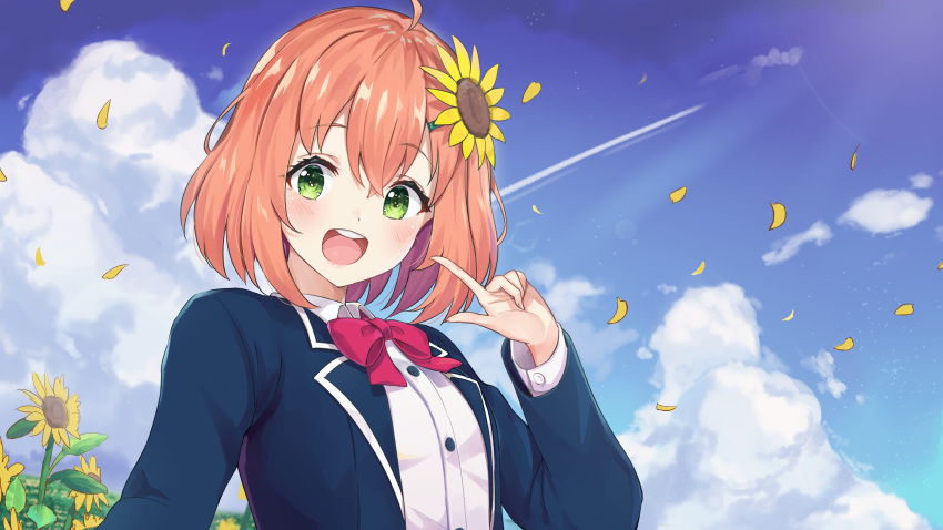 1girl :d absurdres bangs blazer blue_jacket blue_sky blush bow brown_hair clouds cloudy_sky collared_shirt commentary_request day dress_shirt eyebrows_visible_through_hair fingernails flower green_eyes hair_between_eyes hair_flower hair_ornament hairclip highres honma_himawari index_finger_raised jacket long_sleeves looking_at_viewer nijisanji open_blazer open_clothes open_jacket open_mouth outdoors petals racchi. red_bow round_teeth school_uniform shirt sky smile solo sunflower sunflower_hair_ornament teeth upper_body upper_teeth virtual_youtuber white_shirt yellow_flower