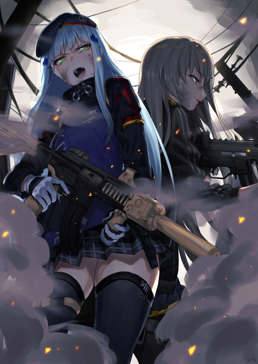 2girls absurdres assault_rifle bangs beret black_legwear blunt_bangs breasts clouds cloudy_sky dirty eyebrows_visible_through_hair facial_mark fingerless_gloves fire girls_frontline gloves green_eyes grey_hair gun h&amp;k_hk416 h&amp;k_ump h&amp;k_ump45 hair_between_eyes hair_ornament hat heckler_&amp;_koch highres hk416_(girls_frontline) holding holding_gun holding_weapon hood hood_down hooded_jacket injury jacket kyo long_hair military_jacket multiple_girls one_side_up outdoors pantyhose parted_lips plaid plaid_skirt rifle ruins scar scar_across_eye shirt shouting silver_hair skirt sky smile smoke submachine_gun sweat teardrop thigh-highs ump45_(girls_frontline) v-shaped_eyebrows very_long_hair weapon white_shirt yellow_eyes