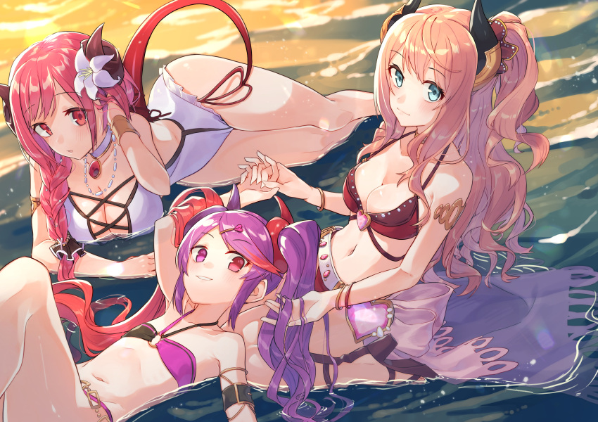 3girls absurdres bikini blue_eyes breasts closed_mouth commentary_request demon_girl demon_horns demon_tail eyebrows_visible_through_hair flat_chest flower hair_flower hair_ornament hairclip hasekura_io heterochromia highres horns huge_filesize large_breasts long_hair looking_at_viewer lying minami_suzuna multiple_girls navel on_back parted_lips pink_hair princess_connect! princess_connect!_re:dive red_eyes redhead sho_bu_1116 sitting swimsuit tail tamaizumi_misaki twintails violet_eyes wariza water