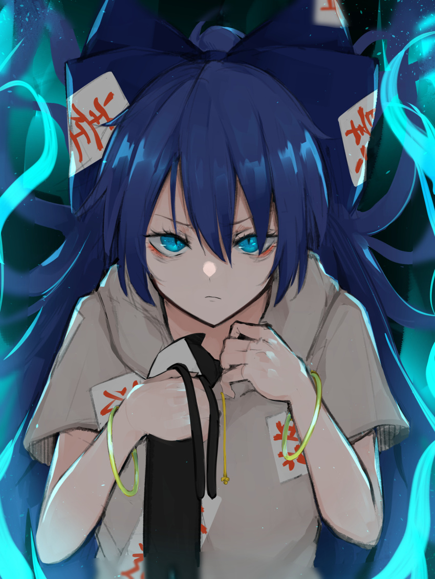 &gt;:( 1girl absurdres aqua_eyes bangle bangs black_neckwear blue_bow blue_fire blue_hair bow bracelet closed_mouth drawstring eyeliner eyeshadow fire floating_hair frown gold grey_hoodie hair_between_eyes hair_bow hands_up highres hisha_(kan_moko) holding_clothes hood jewelry long_hair looking_at_viewer makeup necktie ofuda shiny shiny_hair short_sleeves slit_pupils solo sparks tagme touhou very_long_hair wide_sleeves yorigami_shion