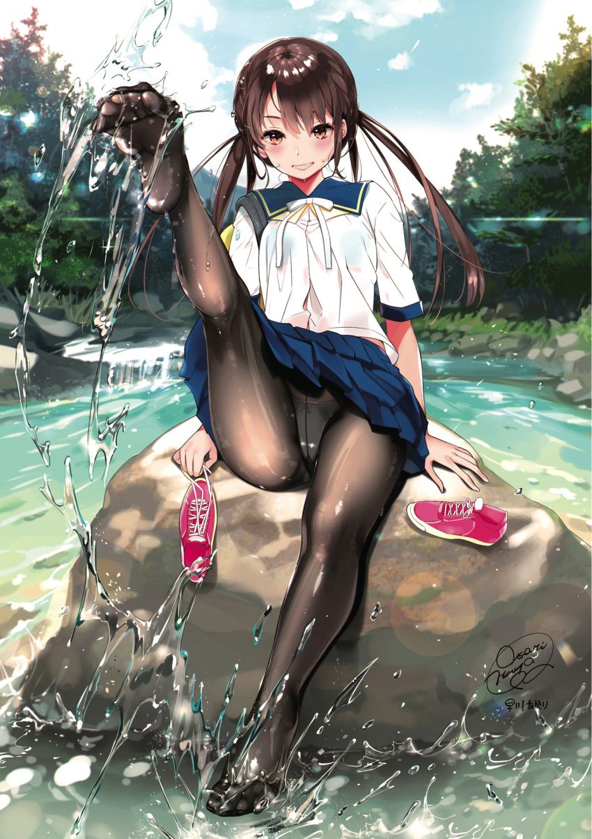 1girl arm_support bangs black_legwear blue_skirt blue_sky blurry blurry_background blush bow bow_panties brown_eyes brown_hair clouds day eyewear_removed feet full_body grin gusset hayakawa_akari highres leg_up long_hair no_shoes on_rock open_mouth original outdoors panties panties_under_pantyhose pantyhose parted_bangs parted_lips pink_footwear rock school_uniform shiny shiny_clothes shoes shoes_removed signature sitting skirt sky smile sneakers solo splashing twintails underwear water white_panties