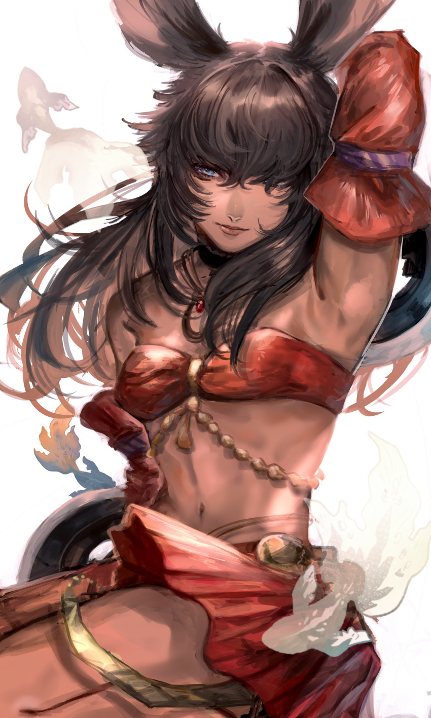 1girl absurdres animal_ears arm_up armpits bandeau bangs bare_shoulders black_choker black_hair blue_eyes breasts chakram choker closed_mouth dancer_(final_fantasy) dark_skin detached_sleeves final_fantasy final_fantasy_xiv fish hair_between_eyes highres jewelry kuroge_(kewagyuu) long_hair long_sleeves navel necklace rabbit_ears simple_background small_breasts solo viera weapon white_background