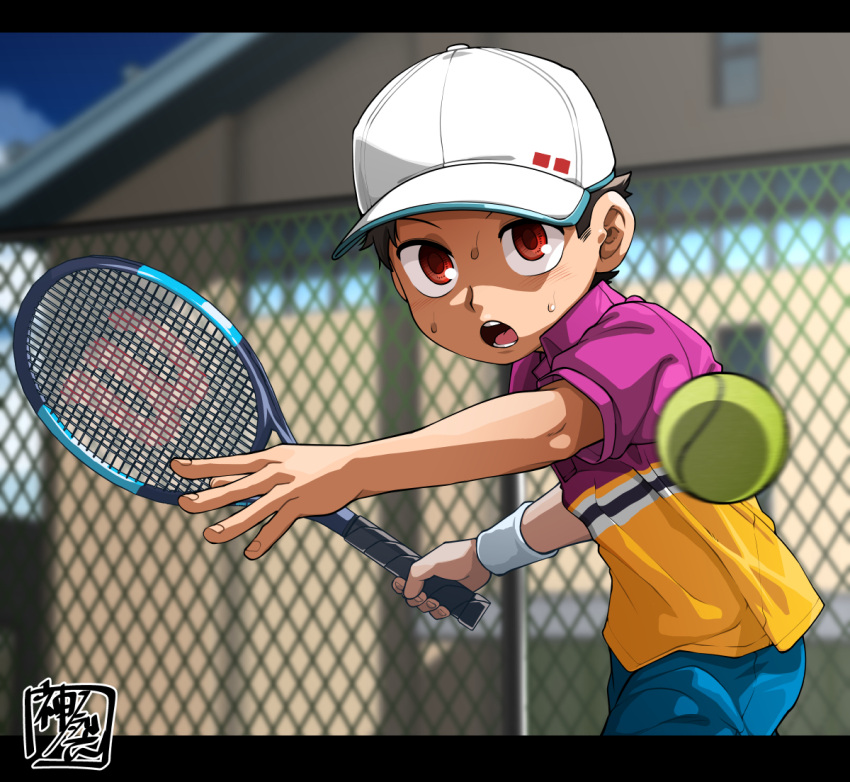 1boy ball baseball_cap brown_hair fence hat kaminosaki1 open_mouth original outdoors racket red_eyes shorts sportswear sweatdrop tennis tennis_ball tennis_court tennis_racket tennis_uniform