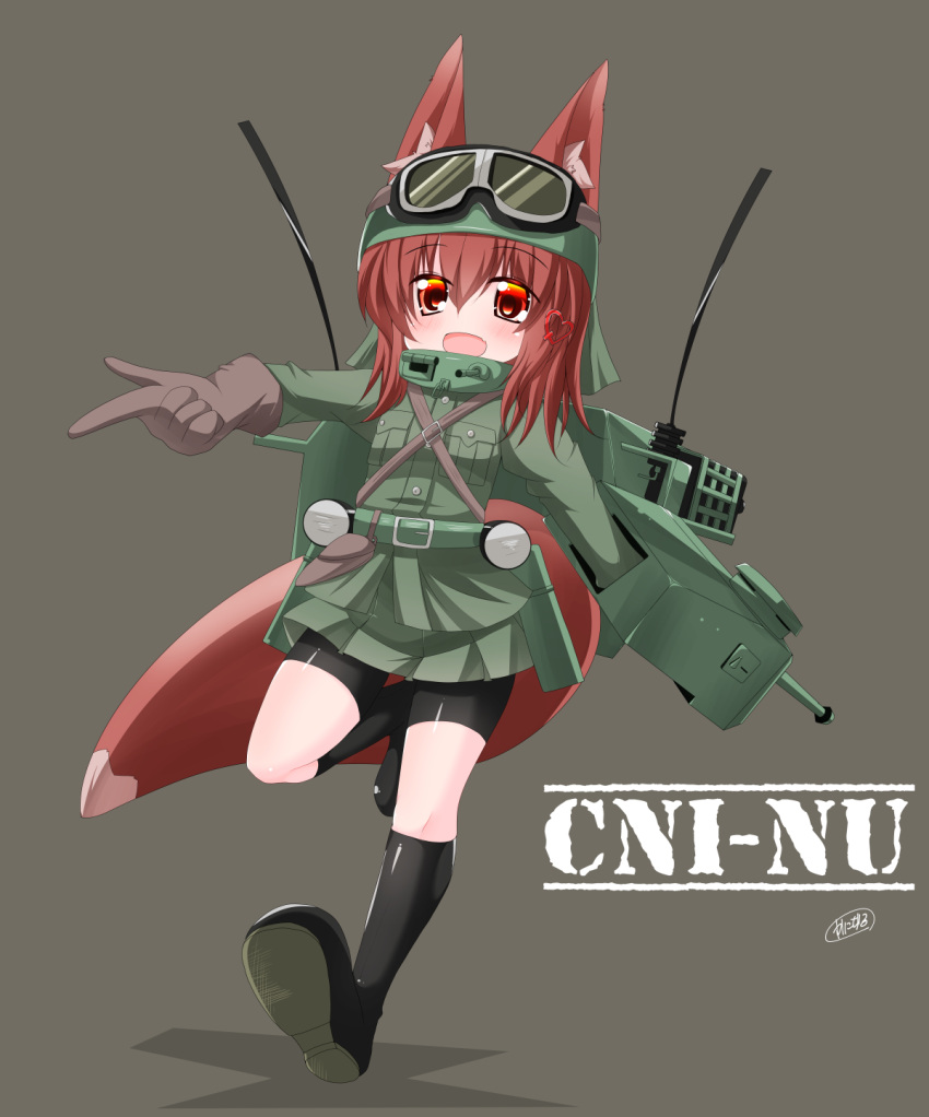 1girl :d animal_ear_fluff animal_ears bangs bike_shorts black_footwear black_shorts blush boots brown_gloves brown_hair cannon commentary_request ears_through_headwear eyebrows_visible_through_hair fox_ears fox_girl fox_tail full_body gloves goggles goggles_on_head green_headwear green_jacket green_skirt grey_background hair_between_eyes highres jacket kanijiru knee_boots long_hair long_sleeves looking_at_viewer open_mouth original personification pleated_skirt red_eyes shadow shoe_soles short_shorts shorts shorts_under_skirt signature simple_background skirt smile solo tail turret