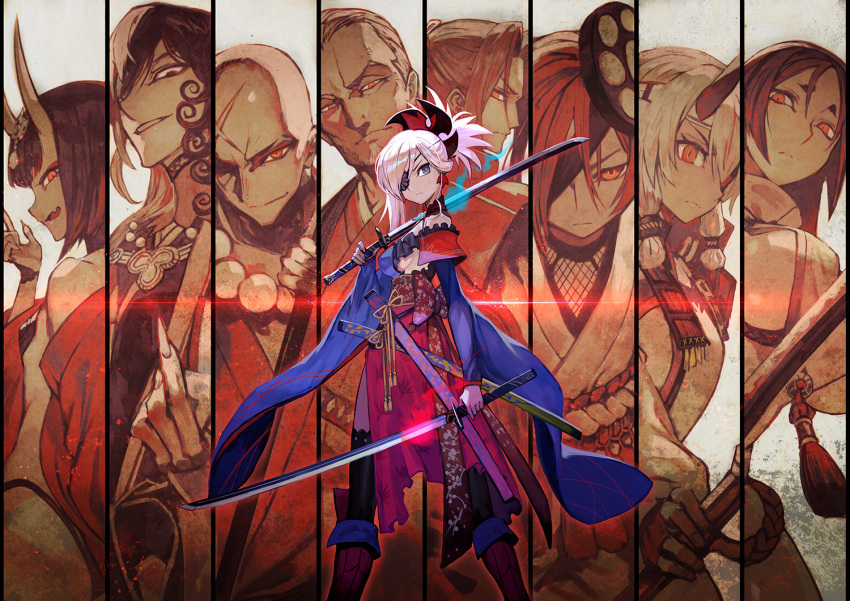 4boys 5girls :d ashiya_douman_(fate/grand_order) assassin_(fate/stay_night) bald bare_shoulders bead_necklace beads beard black_legwear blue_eyes breasts dual_wielding earrings eyepatch facial_hair fang fate/grand_order fate_(series) fingernails grin hair_over_one_eye headband hikimayu holding horns houzouin_inshun_(fate/grand_order) japanese_clothes jewelry katana kimono lack large_breasts looking_at_viewer minamoto_no_raikou_(fate/grand_order) miyamoto_musashi_(fate/grand_order) mochizuki_chiyome_(fate/grand_order) multiple_boys multiple_girls necklace off_shoulder oni open_mouth pink_hair ponytail revealing_clothes scar sharp_fingernails shuten_douji_(fate/grand_order) small_breasts smile sword thigh-highs tomoe_gozen_(fate/grand_order) weapon yagyuu_munenori_(fate/grand_order)