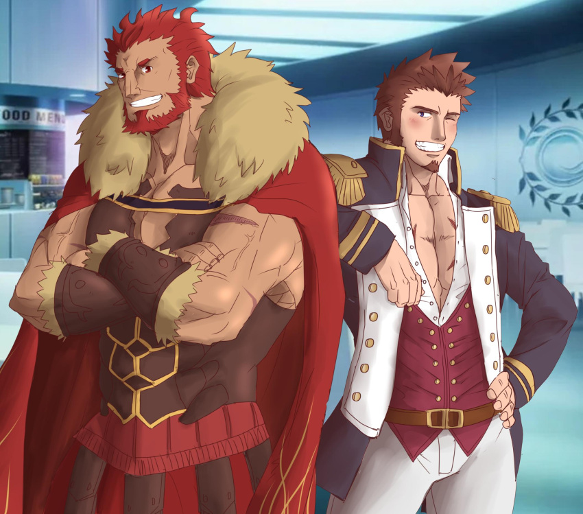 2boys abeberries armor bara beard blue_eyes blush brown_hair cape chest epaulettes facial_hair fate/grand_order fate/zero fate_(series) highres long_sleeves looking_at_viewer male_focus military military_uniform multiple_boys muscle napoleon_bonaparte_(fate/grand_order) pectorals red_eyes redhead rider_(fate/zero) scar smile toned toned_male uniform