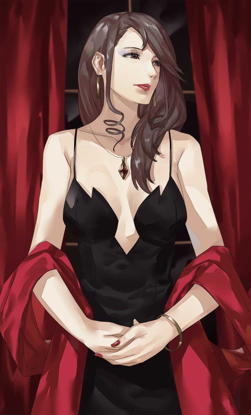 1girl absurdres bare_shoulders blazpu breasts dress earrings formal grey_hair highres jewelry large_breasts long_hair looking_at_viewer nail_polish niijima_sae persona persona_5 red_eyes simple_background solo