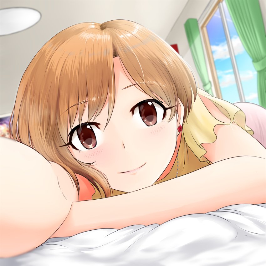 1girl aiba_yumi ara_ssmjnkosam_-key2321 bare_arms blush brown_eyes brown_hair clouds commentary_request curtains day eyebrows_visible_through_hair face highres idolmaster idolmaster_cinderella_girls idolmaster_cinderella_girls_starlight_stage indoors lamp looking_at_viewer lying on_stomach smile solo window