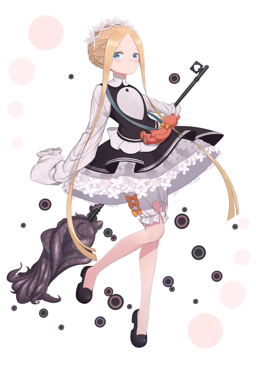 1girl abigail_williams_(fate/grand_order) bangs black_dress black_footwear blonde_hair bloomers blue_eyes blush bow braid butterfly_hair_ornament closed_mouth commentary_request dress fate/grand_order fate_(series) forehead full_body hair_ornament highres keyhole long_hair long_sleeves mentai_mayo orange_bow parted_bangs shirt shoes sidelocks simple_background sleeveless sleeveless_dress sleeves_past_fingers sleeves_past_wrists solo stuffed_animal stuffed_toy teddy_bear tentacles underwear very_long_hair white_background white_bloomers white_shirt