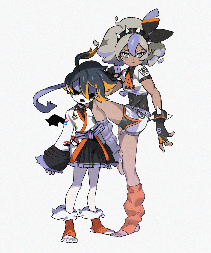 1boy 1girl belt clenched_hand dark_skin dougi english_commentary eyeshadow facing_viewer fusion grey_background grey_eyes grey_hair gym_leader hairband hakama_pants highres leg_up leg_warmers leg_wrap looking_at_viewer makeup mask multicolored_hair onion_(pokemon) oskar_vega pale_skin poke_ball poke_ball_(generic) pokemon pokemon_(game) pokemon_swsh saitou_(pokemon) shorts simple_background spiked_hairband spikes stance standing standing_on_one_leg streaked_hair two-tone_hair wide_sleeves