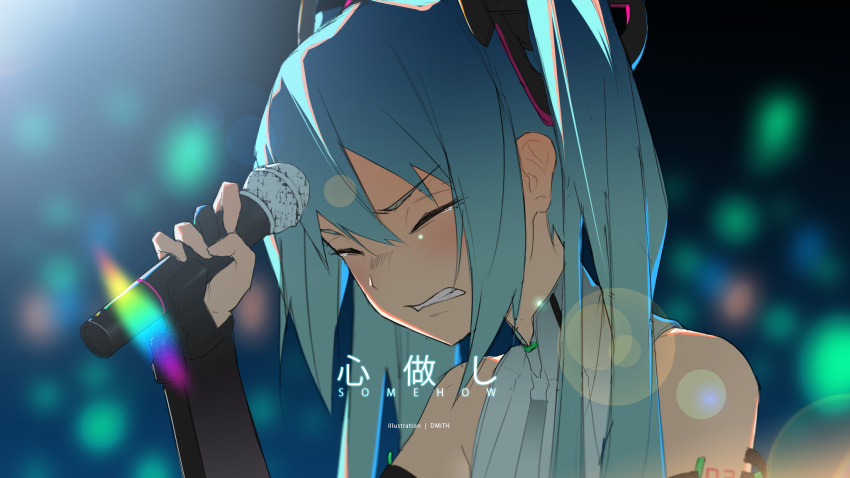 1girl aqua_hair bagus_casbon bare_shoulders blurry blurry_background blush bridal_gauntlets close-up closed_eyes commentary concert crying detached_sleeves glowstick hair_ornament hand_up hatsune_miku highres holding holding_microphone lens_flare long_hair microphone miku_append portrait shirt sleeveless sleeveless_shirt spotlight twintails very_long_hair vocaloid vocaloid_append