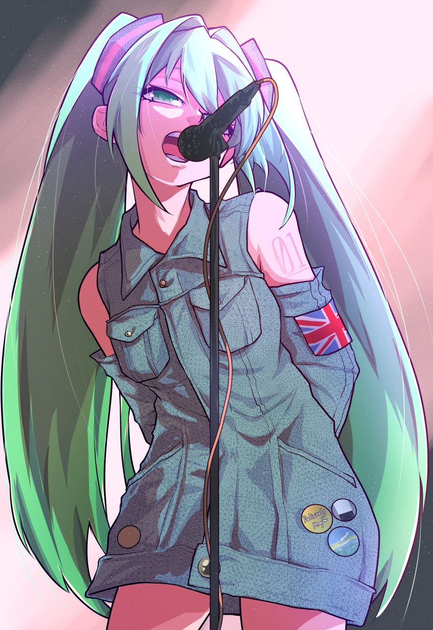 1girl absurdres alternate_color arms_behind_back bangs bare_shoulders breast_pocket breasts buttons commentary cowboy_shot denim denim_dress detached_sleeves dress english_commentary expressionless eyelashes eyes_visible_through_hair flag green_eyes green_hair hair_between_eyes half-closed_eyes hatsune_miku highres huge_filesize jipponwazaari light_particles long_hair looking_away microphone microphone_stand multicolored_hair music number_tattoo open_mouth pin pocket shoulder_tattoo singing small_breasts solo stage_lights tattoo teeth thighs twintails union_jack very_long_hair vocaloid