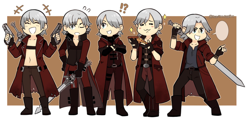 1boy :3 belt dante_(devil_may_cry) devil_may_cry devil_may_cry_1 devil_may_cry_2 devil_may_cry_3 devil_may_cry_4 devil_may_cry_5 fingerless_gloves food gloves gun hair_over_one_eye heavywoodenbox highres jacket male_focus multiple_persona over_shoulder pizza red_jacket shirt_tucked_in silver_hair smile standing sword weapon weapon_on_back weapon_over_shoulder