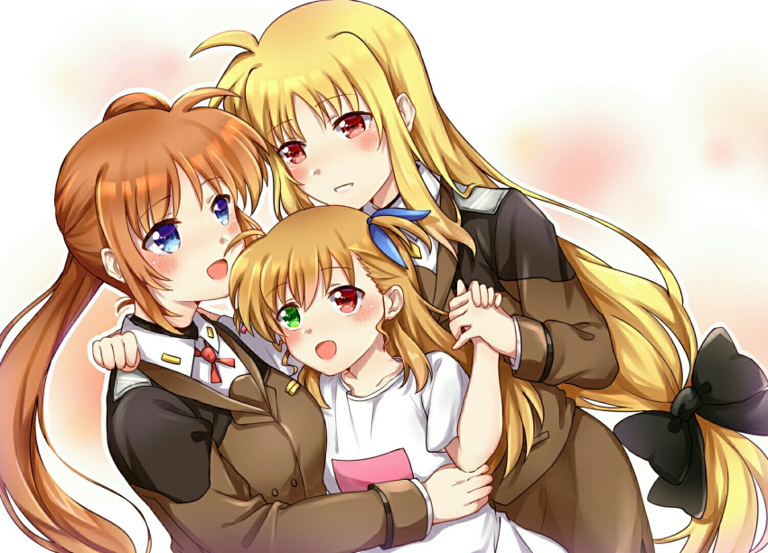 3girls blonde_hair blue_eyes blush brown_hair couple eye_contact family fate_testarossa hair_ornament hair_ribbon hand_around_neck happy heterochromia holding_hands hug long_hair looking_at_another lyrical_nanoha mahou_shoujo_lyrical_nanoha mahou_shoujo_lyrical_nanoha_strikers mahou_shoujo_lyrical_nanoha_vivid mikasa-01 military military_uniform mother_and_daughter multiple_girls neck_ribbon open_mouth red_eyes ribbon side_ponytail simple_background smile takamachi_nanoha two-tone_background uniform very_long_hair yuri