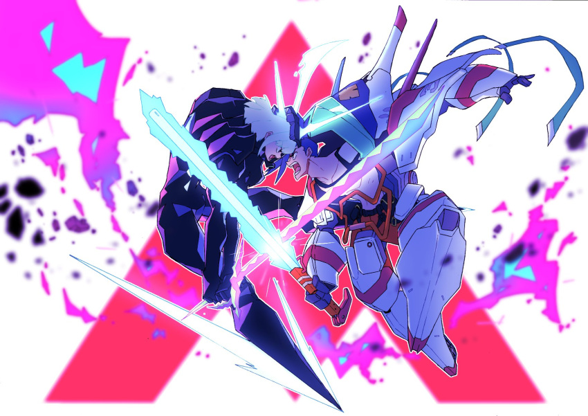 2boys armor battle blonde_hair blue_eyes blue_hair body_armor chest clash duel galo_thymos highres holding holding_sword holding_weapon horns katana lio_fotia looking_at_another male_focus mecha multiple_boys ontama open_mouth promare shirtless short_hair spiky_hair sword weapon