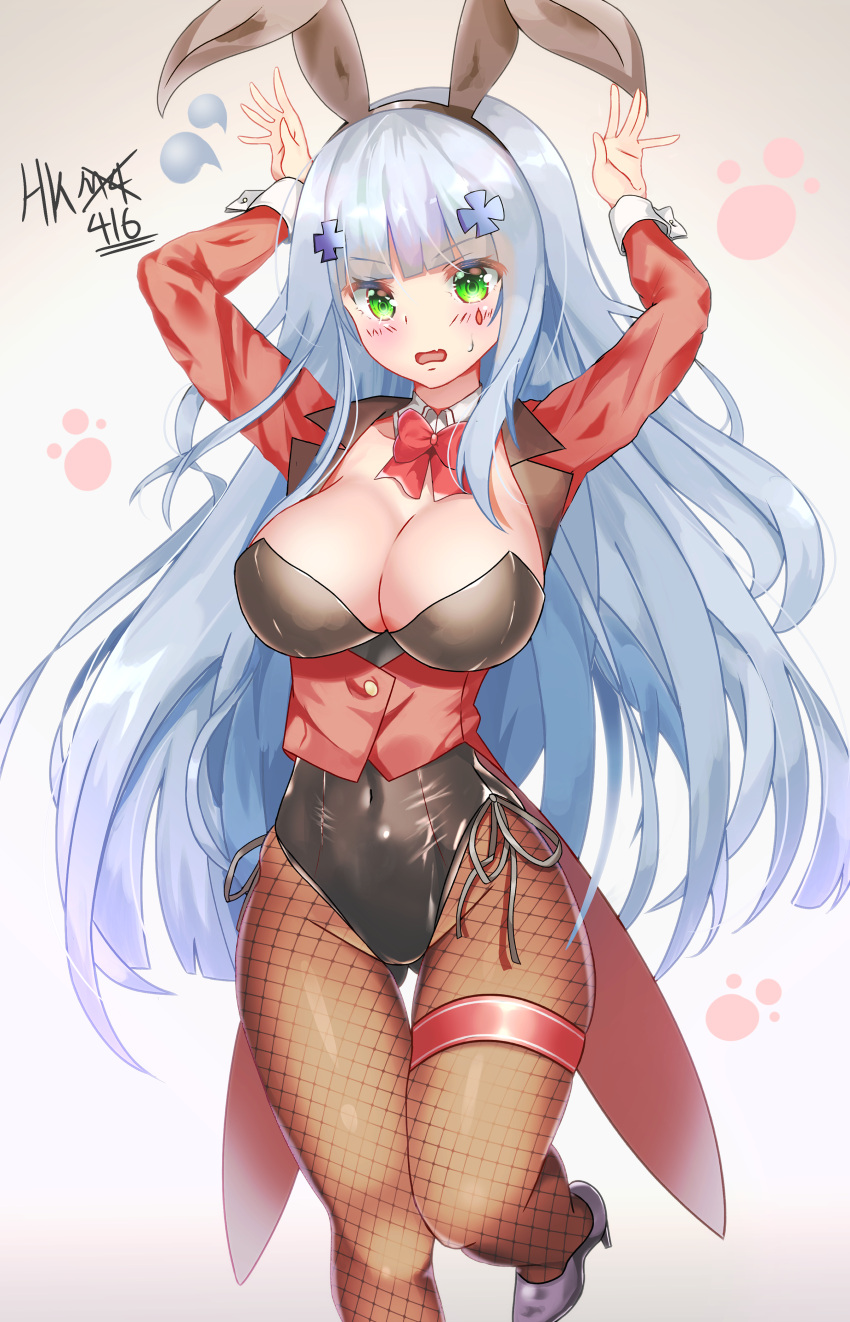 1girl absurdres animal_ears arms_up black_leotard bow bowtie breasts brown_legwear bunny_girl bunny_pose bunnysuit character_name coat cowboy_shot detached_collar facial_mark fishnet_pantyhose fishnets girls_frontline green_eyes hair_ornament highres hk416_(girls_frontline) large_breasts leotard long_hair looking_at_viewer pantyhose rabbit_ears red_coat red_neckwear silver_hair solo strapless strapless_leotard tailcoat tia_(4017342) wrist_cuffs