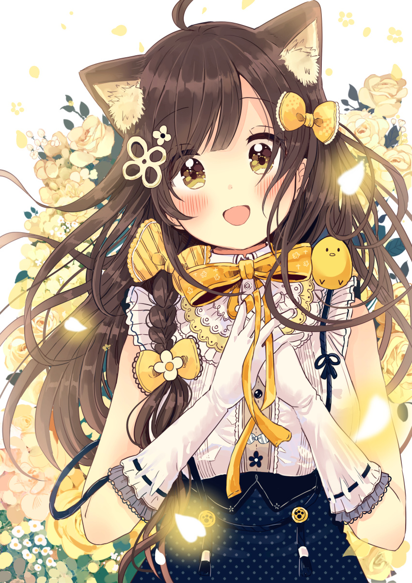 1girl :d absurdres ahoge animal animal_ear_fluff animal_ears animal_on_shoulder bangs bird blue_skirt blush bow braid brown_eyes brown_hair cat_ears chick commentary_request elbow_gloves eyebrows_visible_through_hair flower gloves hair_bow hair_flower hair_ornament hands_together hands_up highres long_hair looking_at_viewer open_mouth original own_hands_together petals polka_dot_skirt ribbon-trimmed_gloves ribbon_trim rose sakura_oriko shirt single_braid skirt sleeveless sleeveless_shirt smile solo upper_body very_long_hair white_flower white_gloves white_shirt yellow_bow yellow_flower yellow_rose