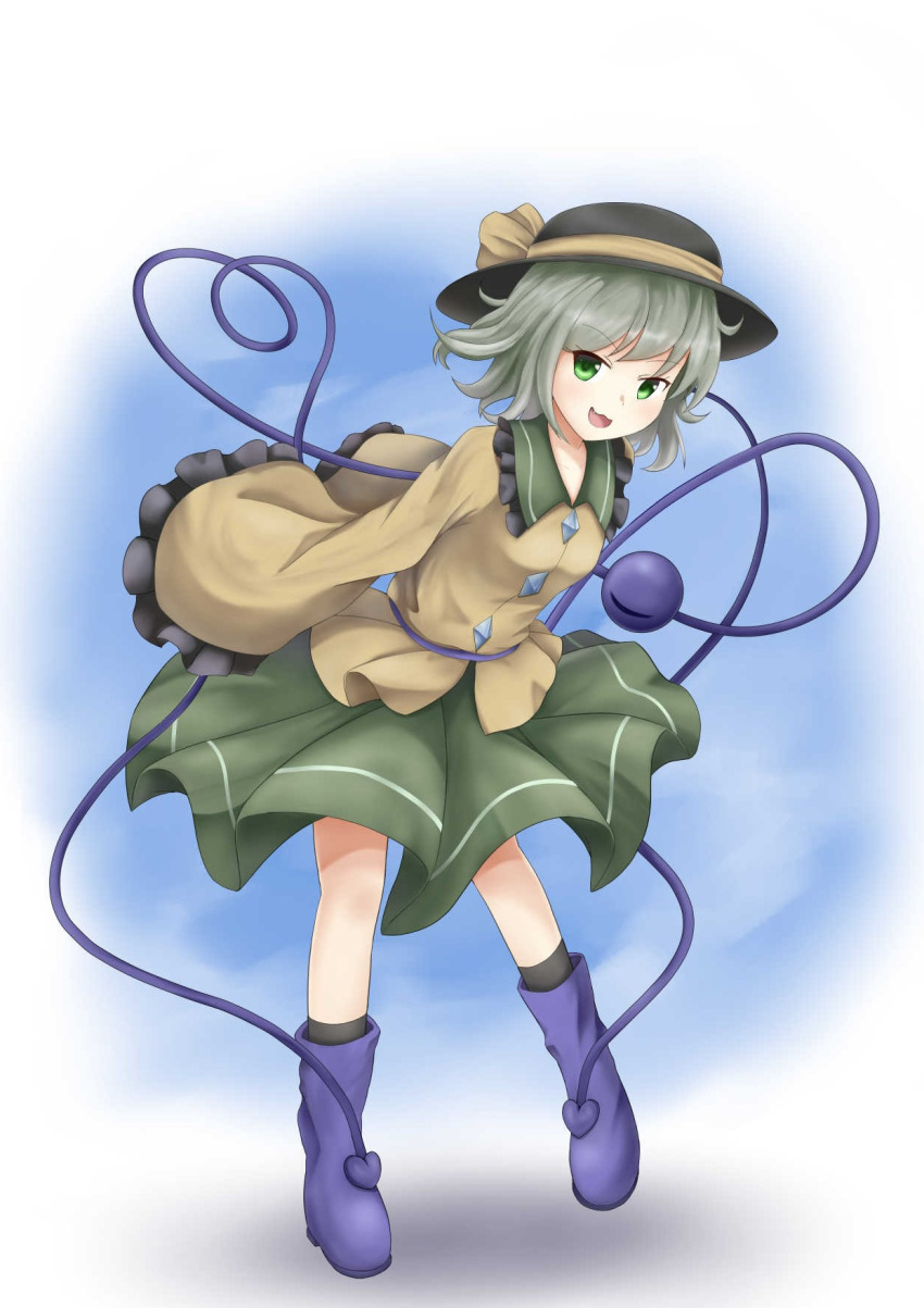 1girl :3 arms_behind_back black_headwear black_legwear blue_background blue_footwear boots fang frilled_shirt_collar frills full_body gradient gradient_background green_eyes green_skirt hat hat_ribbon highres komeiji_koishi leaning_forward looking_at_viewer open_mouth ribbon shirt short_hair silver_hair skirt sleeves_past_fingers sleeves_past_wrists socks solo standing standing_on_one_leg third_eye touhou untucked_shirt utanokatati white_background yellow_shirt