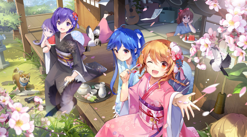 5girls bird black_kimono blue_hair blush brown_eyes brown_hair cherry_blossoms closed_mouth cup day dog flower food fruit hair_flower hair_ornament highres japanese_clothes kimono long_hair looking_at_viewer multiple_girls one_eye_closed open_mouth original outdoors ponytail purple_hair red_eyes short_hair short_ponytail sitting smile table teacup teapot tracyton tray violet_eyes watermelon