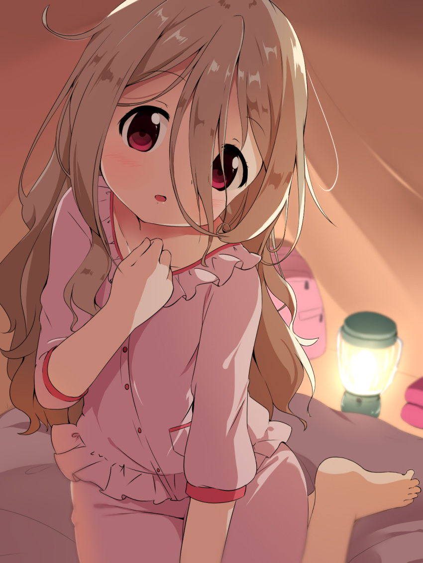 1girl aoba_kokona backpack bag bangs barefoot blurry blurry_background blush brown_hair collarbone commentary_request depth_of_field dress_shirt eyebrows_visible_through_hair hair_between_eyes hand_up head_tilt highres lantern long_hair looking_at_viewer makuran pajamas parted_lips pink_pajamas pink_shirt pink_shorts red_eyes shirt short_sleeves shorts sitting solo tent_interior very_long_hair yama_no_susume