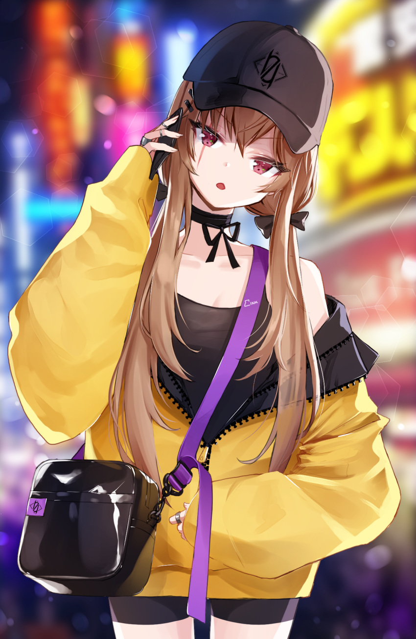 1girl ankkoyom bag bare_shoulders black_headwear black_shorts black_tank_top blush bow breasts brown_hair cellphone choker commentary girls_frontline hair_bow hair_ornament hairclip hat head_tilt highres holding holding_phone jacket jewelry listening long_hair long_sleeves looking_to_the_side multicolored multicolored_background off_shoulder open_clothes open_jacket open_mouth phone puffy_long_sleeves puffy_sleeves ring scar scar_across_eye short_shorts shorts shoulder_bag sleeves_past_wrists smartphone solo talking talking_on_phone tank_top ump9_(girls_frontline) violet_eyes yellow_jacket