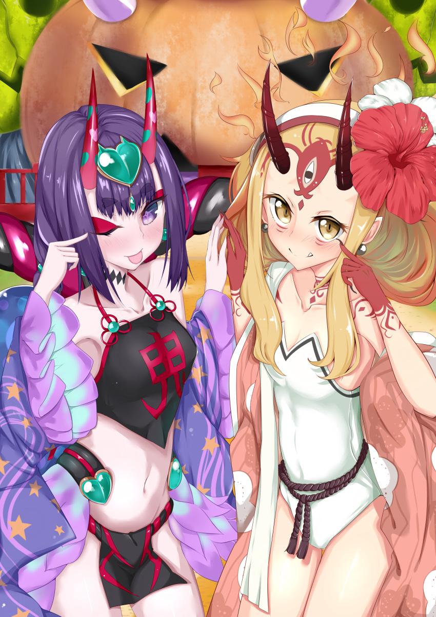 2girls absurdres bangs bare_shoulders blonde_hair blush borumete breasts chinese_clothes collarbone detached_sleeves dudou earrings eyeliner facial_mark fang fang_out fate/grand_order fate_(series) fingernails flower forehead_mark fundoshi hair_flower hair_ornament hairband headpiece heart hibiscus highres horns ibaraki_douji_(fate/grand_order) ibaraki_douji_(swimsuit_lancer)_(fate) jack-o'-lantern japanese_clothes jewelry long_hair looking_at_viewer low_twintails makeup multiple_girls navel one-piece_swimsuit one_eye_closed oni oni_horns open_mouth pointy_ears purple_hair rope sharp_fingernails shawl short_eyebrows short_hair short_twintails shuten_douji_(fate/grand_order) shuten_douji_(halloween_caster)_(fate) small_breasts smile swimsuit tattoo thighs tongue tongue_out twintails very_long_hair violet_eyes white_swimsuit yellow_eyes