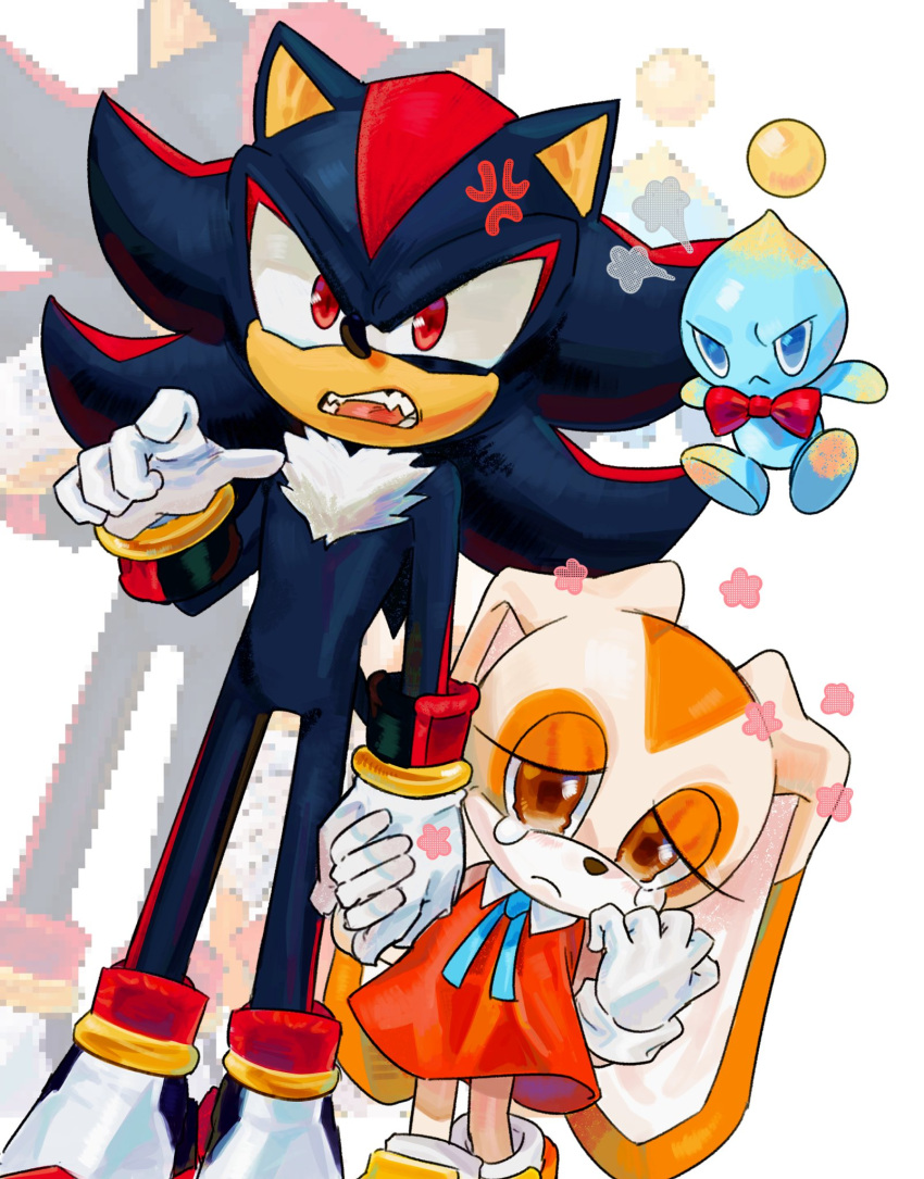 1boy 1girl anger_vein blue_eyes chao_(sonic) commentary cream_the_rabbit crying english_commentary floating furry furry_female furry_male glaring height_difference highres holding_hands n_jiujiu99 orange_eyes pixelated pointing rabbit red_eyes shadow_the_hedgehog simple_background sonic_(series) white_background