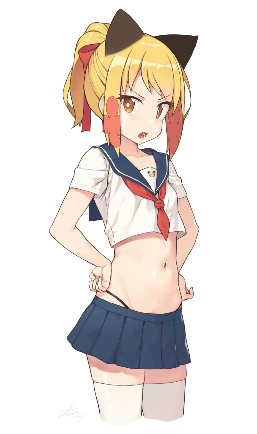 1girl :o absurdres blonde_girl_(cloba) blonde_hair blue_sailor_collar blue_skirt breasts brown_eyes cloba collarbone commentary_request cowboy_shot crop_top crop_top_overhang frown groin hair_ribbon hands_on_hips highleg highres long_hair looking_at_viewer midriff miniskirt navel necktie open_mouth original panty_straps pleated_skirt ponytail red_neckwear red_ribbon ribbon sailor_collar school_uniform serafuku shirt short_necktie short_sleeves sidelocks signature simple_background skirt small_breasts solo stomach thigh-highs v-shaped_eyebrows white_background white_legwear white_shirt zettai_ryouiki