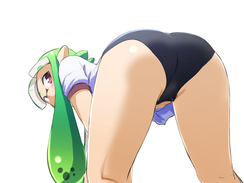 1girl ass bangs bent_over black_buruma blunt_bangs blush buruma commentary cowboy_shot crotch_seam eyebrows_visible_through_hair from_behind green_hair gym_shirt gym_uniform highres inkling kneepits looking_at_viewer looking_back pointy_ears red_eyes shirt simple_background solo splatoon_(series) standing tentacle_hair thighs toraneko555 white_background white_shirt