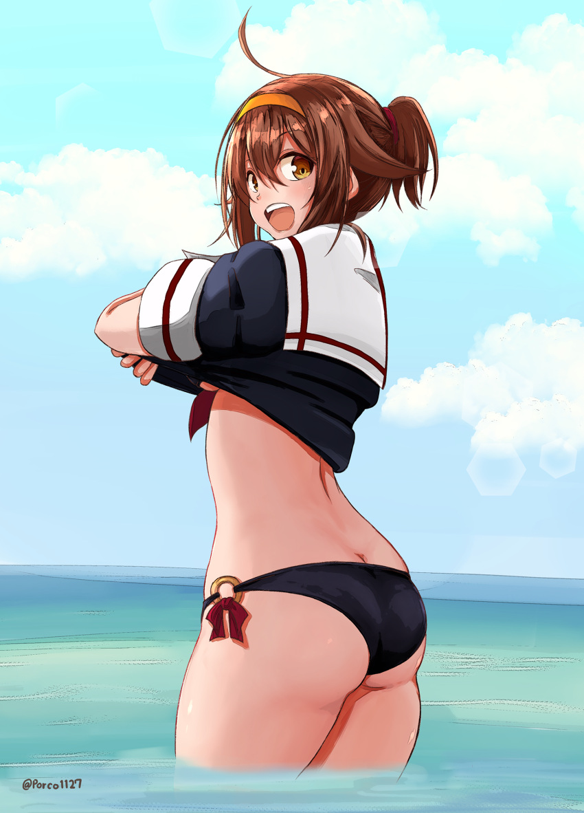 1girl ahoge alternate_hairstyle ass bikini bikini_under_clothes black_bikini black_serafuku blue_sky breasts brown_eyes brown_hair butt_crack clouds commentary_request cowboy_shot day from_behind hair_between_eyes hairband highres horizon kantai_collection looking_at_viewer looking_back ocean open_mouth orange_hairband outdoors porco1127 school_uniform serafuku shiratsuyu_(kantai_collection) shirt_lift short_hair short_sleeves sky soaking_feet solo standing swimsuit swimsuit_under_clothes twitter_username under_boob undressing upper_teeth