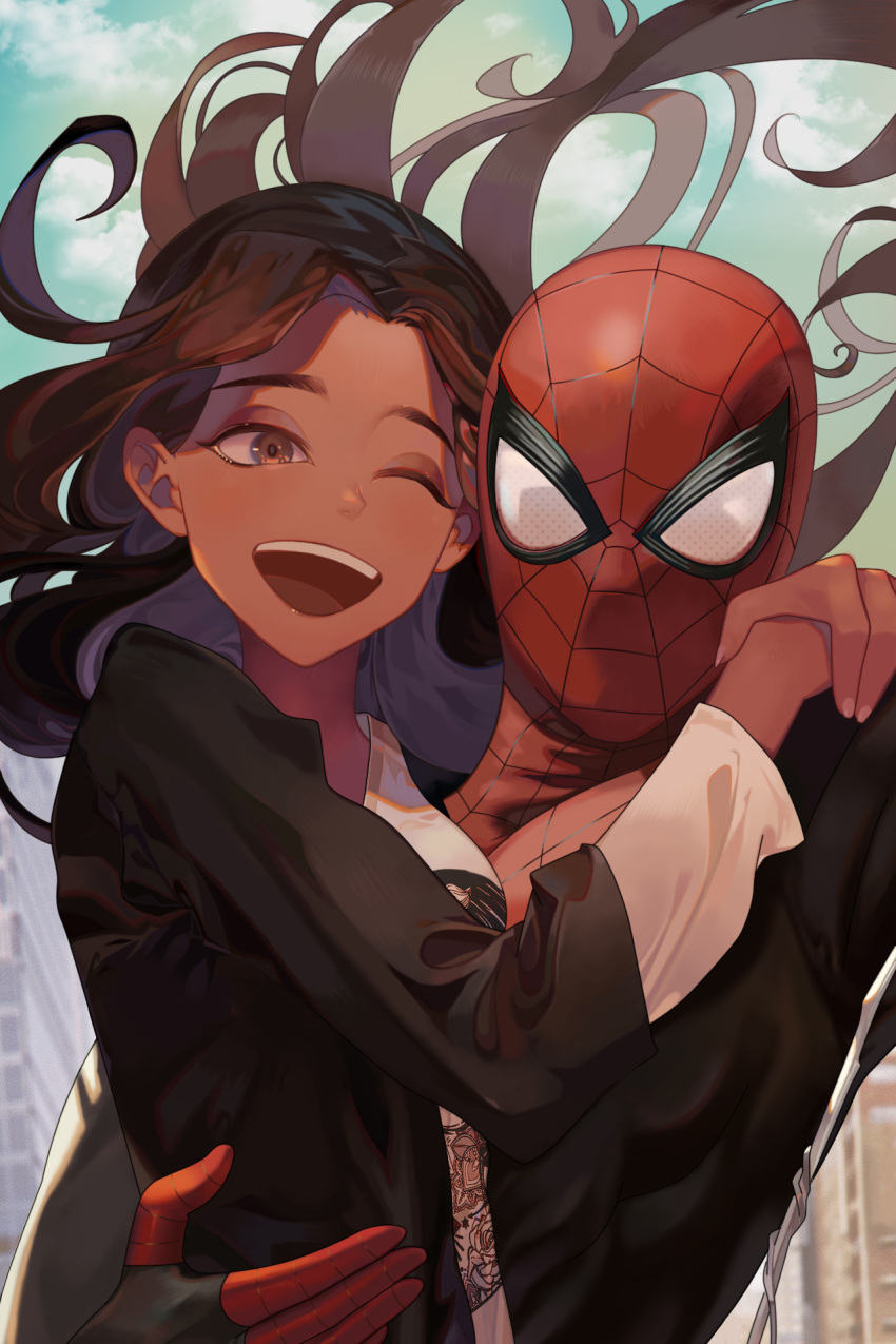 1boy 1girl bangs bodysuit breasts brown_hair check_character commentary dark_skin happy highres holding holding_another long_hair looking_at_viewer mary_jane_watson mask one_eye_closed parted_bangs peach_luo smile spider-man spider-man_(series) superhero upper_teeth