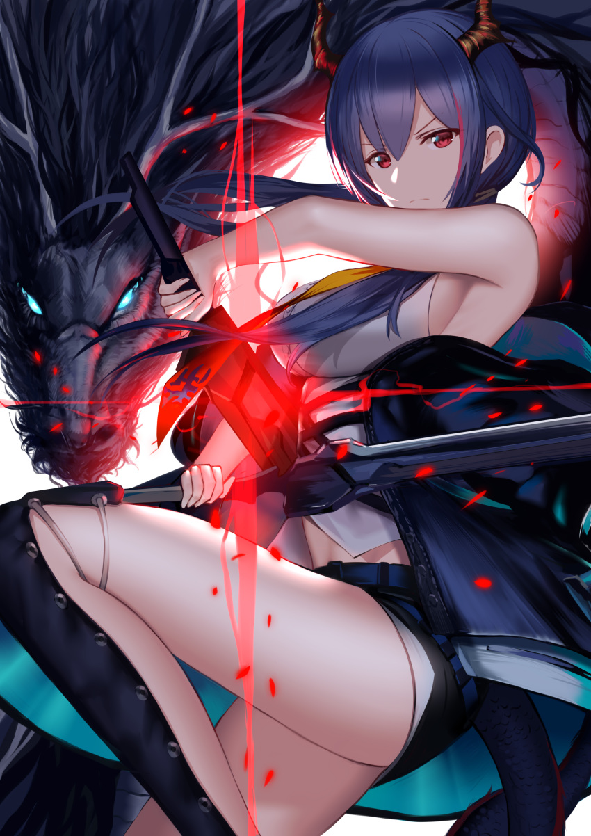 1girl absurdres arknights aura bangs black_shorts blue_hair breasts ch'en_(arknights) closed_mouth dragon dragon_girl dragon_horns dual_wielding elite_ii_(arknights) expressionless eyebrows_visible_through_hair fingerless_gloves gloves hair_between_eyes higandgk highres holding holding_sword holding_weapon horns jacket leg_up long_hair looking_at_viewer necktie off_shoulder red_eyes shin_guards shirt shorts sideboob sidelocks sleeveless sleeveless_shirt solo sword thighs v-shaped_eyebrows weapon white_shirt