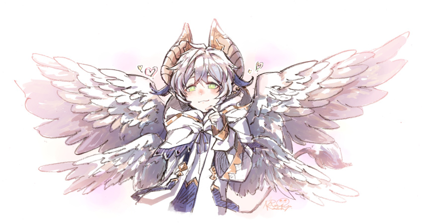 1boy cupid_(dragalia_lost) dragalia_lost dragon_boy green_eyes hair_between_eyes highres horns kanamaki_(siluxd_makiront) looking_at_viewer male_focus multicolored_hair pointy_ears purple_hair silver_hair simple_background smile solo tail white_background wings