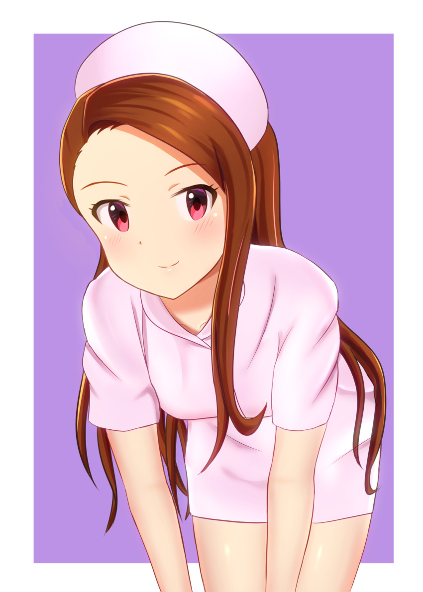 1girl bent_over blush brown_hair closed_mouth cowboy_shot dress hat highres idolmaster idolmaster_(classic) long_hair looking_at_viewer minase_iori nurse nurse_cap pink_dress purple_background red_eyes runmo77 shiny shiny_hair shiny_skin short_dress short_sleeves smile solo standing straight_hair two-tone_background very_long_hair white_background