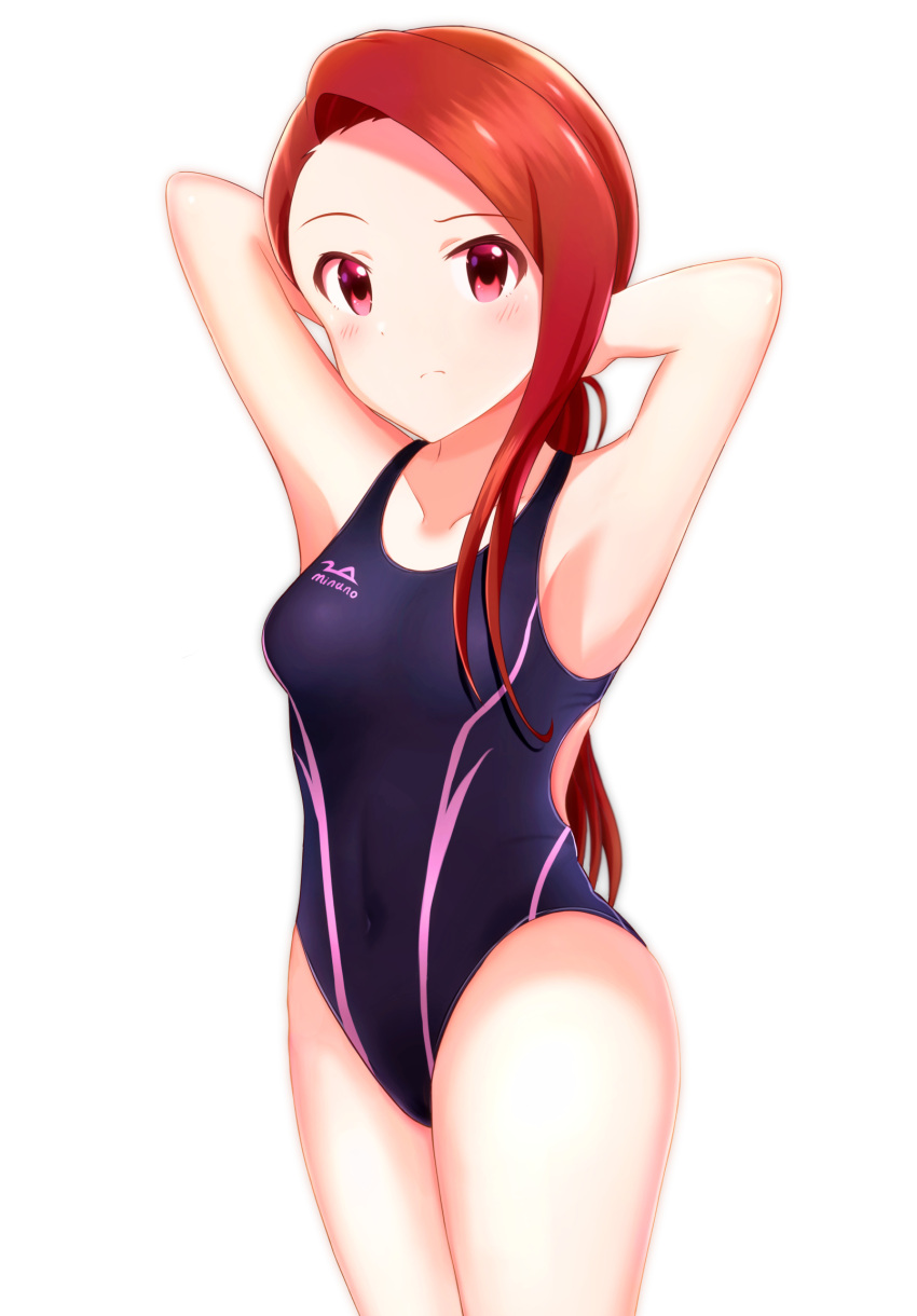 1girl armpits black_swimsuit blush brown_hair closed_mouth collarbone competition_swimsuit covered_navel cowboy_shot highres idolmaster idolmaster_(classic) long_hair looking_at_viewer minase_iori one-piece_swimsuit print_swimsuit red_eyes runmo77 simple_background solo standing swimsuit tying_hair very_long_hair white_background