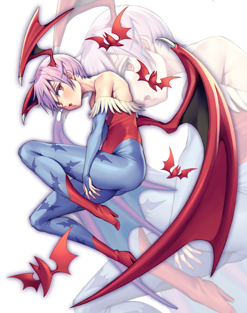 1girl animal_print bat bat_print bat_wings blue_legwear blush bridal_gauntlets demon_girl head_wings highleg highleg_leotard highres iroyopon leotard lilith_aensland looking_at_viewer low_wings open_mouth pantyhose print_legwear purple_hair red_leotard short_hair simple_background solo succubus vampire_(game) white_background wings