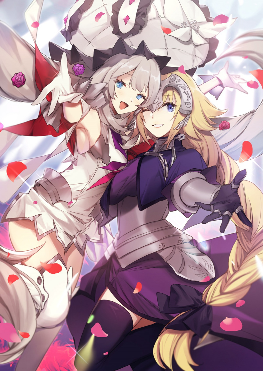 2girls :d armor armored_dress armpits asymmetrical_docking black_legwear black_ribbon blonde_hair blue_eyes blurry braid breast_press breasts capelet chain depth_of_field dress eyebrows_visible_through_hair fate/apocrypha fate/grand_order fate_(series) faulds flower gauntlets gloves hair_flower hair_ornament hair_ribbon hat headpiece highres jeanne_d'arc_(fate) jeanne_d'arc_(fate)_(all) large_breasts large_hat long_braid long_hair looking_at_viewer marie_antoinette_(fate/grand_order) multiple_girls no-kan one_eye_closed open_mouth outstretched_arm outstretched_hand petals plackart purple_dress reaching ribbon rose rose_petals short_dress side_slit sideboob silver_hair sleeveless sleeveless_dress small_breasts smile thigh-highs twintails violet_eyes white_dress white_gloves white_headwear white_legwear zettai_ryouiki