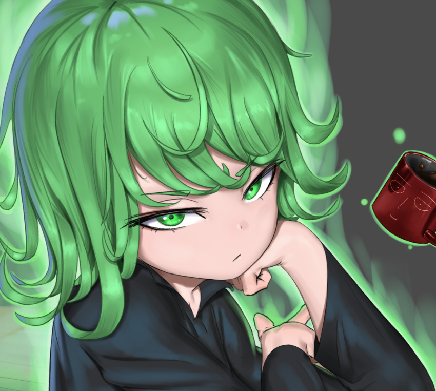 1girl black_dress coffee coffee_mug commentary cup dress eyebrows_visible_through_hair face frown green_eyes green_hair grey_background highres long_sleeves looking_at_viewer mug one-punch_man short_hair simple_background solo tatsumaki user_navy3274 v-shaped_eyebrows