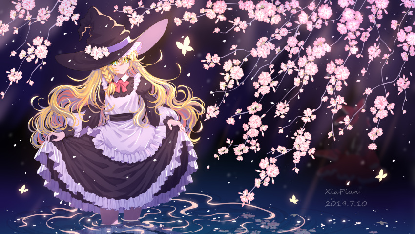 +_+ 1girl 2girls absurdres apron artist_name black_shirt blonde_hair blurry braid bug butterfly cherry_blossoms dated depth_of_field expressionless frilled_skirt frills hakurei_reimu hat highres insect juliet_sleeves kirisame_marisa layered_sleeves lifted_by_self long_hair long_sleeves looking_at_viewer multiple_girls puffy_sleeves ripples shirt single_braid skirt skirt_lift solo solo_focus touhou tree_branch very_long_hair wading waist_apron water witch_hat xia_pian yellow_eyes