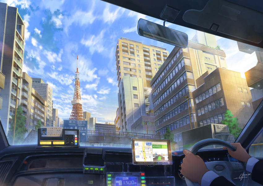 1other ambiguous_gender blue_sky bridge car_interior city cityscape day directional_arrow driving gps hands highres long_sleeves navigator niko_p original outdoors railing road_sign scenery sign sky tokyo tokyo_tower