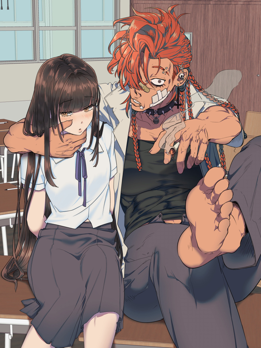1boy 1girl absurdres arms_around_neck bandaid bandaid_on_face barefoot blush cigarette classroom collar desk earrings hairlocs hand_on_another's_face highres indoors jewelry long_hair long_skirt long_sleeves looking_away mmmbcnn on_desk piercing redhead school_desk school_uniform shirt sitting sitting_on_desk skirt skull_earrings soccer_uniform spiked_collar spikes sportswear ugly uniform white_shirt yellow_eyes