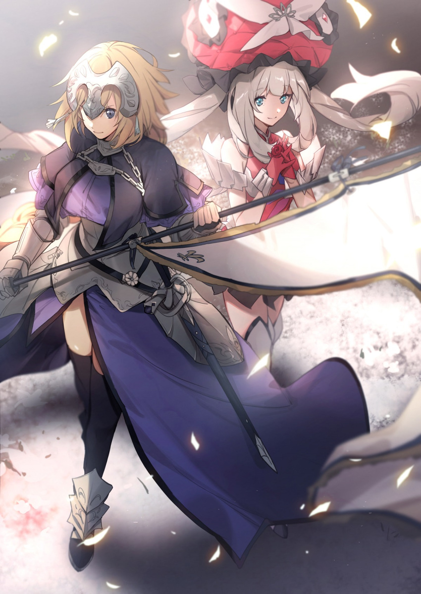 2girls armor armored_boots armored_dress bare_arms bare_shoulders black_footwear black_legwear black_skirt blonde_hair blue_eyes blurry boots bow braid capelet chain depth_of_field dress fate/apocrypha fate/grand_order fate_(series) faulds flag frilled_hat frills gauntlets gloves hands_together hat hat_bow headpiece highres holding holding_flag jeanne_d'arc_(fate) jeanne_d'arc_(fate)_(all) large_hat long_hair marie_antoinette_(fate/grand_order) multiple_girls no-kan petals plackart purple_dress red_dress red_gloves red_headwear serious sheath sheathed short_dress side_slit silver_hair skirt skirt_under_dress sleeveless sleeveless_dress smile standing sword thigh-highs twintails violet_eyes weapon white_bow white_legwear yuri zettai_ryouiki